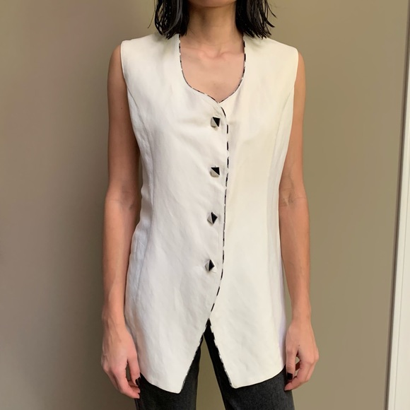 Vintage White Linen Mid Length Vest Waistcoat - Picture 2 of 7